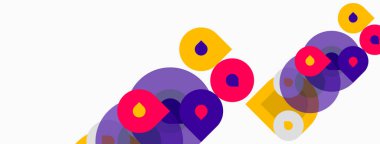 Soyut renkli daireler çakışıyor, dinamik görsel desen oluşturuyor. Beyaz arka planda parlak renklerin karşıtlığı. Modern tasarım ögesi.