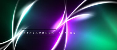 Soyut neon hatları canlı bir arkaplan yaratır. Mor, deniz mavisi, siyah alana karşı beyaz parıltı. Modern tasarım ögesi.