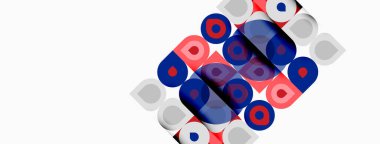 Soyut şablon tekrarlayan daireler içerir. Kırmızı, beyaz, mavi renkler kompozisyona hakim. Çapraz düzenleme dinamik görsel efekt yaratır.