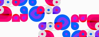 Soyut desenler üst üste binen daireler, canlı pembeler, maviler, morlar. Beyaz arkaplan dinamik görsel doku oluşturur.