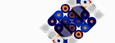 Soyut geometrik desen. Daireler, kareler örtüşüyor renkli bir tasarım yaratıyorlar. Minimalist tarz, modern estetik. Beyaz arkaplan resme hakim.