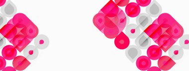 Soyut desen pembe, gri daireler ve kareler içeriyor. Geometrik şekiller modern tasarım yaratarak tekerrür eder. Minimalist estetik, temiz çizgiler mevcut.