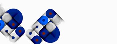 Soyut geometrik şekiller, mavi, kırmızı, gri. Çemberler, kareler karmaşık desenleri birleştirir. Minimalist tasarım, temiz çizgiler, modern estetik..