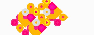 Soyut geometrik şekiller, sarı, pembe, beyaz. Çemberler, kareler, üst üste binen formlar dinamik bileşim oluşturur. Modern tasarım.