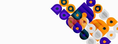 Soyut renkli şekiller çakışıyor, dinamik görsel desen oluşturuyor. Beyaz arka planda parlak renklerin karşıtlığı. Modern tasarım ögesi.