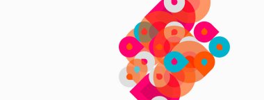 Soyut renkli daireler çakışıyor ve dinamik bileşim oluşturuyor. Beyaz arka planda parlak renklerin karşıtlığı. Modern tasarım ögesi.