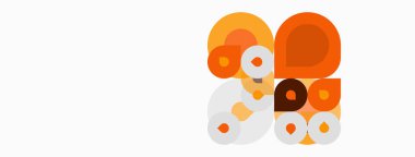 Soyut kompozisyon özellikleri üst üste binen turuncu daireler, farklı boyutlarda, beyaz arkaplan. Minimalist tasarım retro estetiği çağrıştırıyor. Basit, geometrik biçimler mevcut.