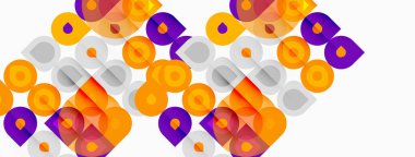 Soyut geometrik desen. Üst üste binen daireler, kareler, dikdörtgenler canlı doku oluşturur. Turuncu, mor, gri baskın kompozisyon. Modern tasarım.