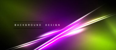 Soyut eğim arkaplanı. Parlak neon çizgileri dinamik görsel efekt yaratır. Karanlık sınırlar canlı renk geçişi çerçevesi.