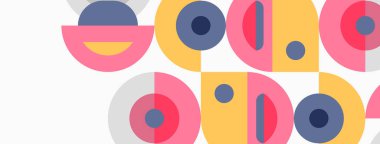 Soyut geometrik şekiller, daireler, yarı daireler, pastel renkler. Minimalist tasarım, tekrarlayan desen, modern estetik. Basit kompozisyon.