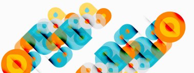 Soyut geometrik şekiller örtüşür, canlı renkli desenler yaratır. Çemberler, dikdörtgenler, şeffaflık tasarım elementlerini tanımlar.