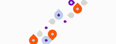 Soyut şekiller, daireler, noktalar mevcut. Mor, turuncu, gri renkler beyaz arkaplana hakim. Minimalist tasarım, basit kompozisyon.