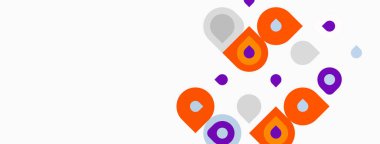 Soyut şekiller, turuncu, mor, gri noktalar beyaz arkaplana dağılmış. Minimalist tasarım, modern estetik. Basit kompozisyon.