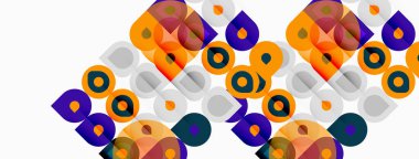 Soyut geometrik desen. Üst üste binen şekiller dinamik görsel doku yaratır. Turuncu, mor, gri renkler kompozisyona hakim..