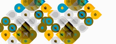 Soyut geometrik desen. Çemberler, kareler modern tasarım yaratarak örtüşüyor. Renkler altın, deniz mavisi ve gri tonlardır. Minimalist estetik.