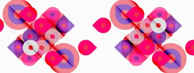 Soyut geometrik desen. Pembe, mor daireler, kareler örtüşüyor. Canlı, pürüzsüz bir tasarım yaratıyor. Modern dijital resimleme.