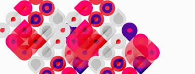 Soyut daireler, kareler örtüşüyor. Pembe, mor, gri renkler kompozisyona hakim. Modern tasarım, geometrik desenler mevcut.