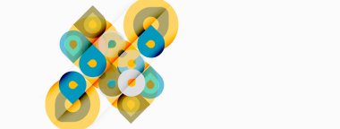 Soyut geometrik şekiller örtüşüyor ve renkli bir tasarım yaratıyor. Sarı röfleler biçimler, mavi aksanlar, kontrast beyaz arka plan. Modern estetik.