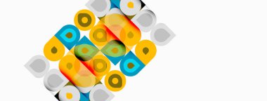 Soyut geometrik desen. Renkli kesişen kareler, daireler dinamik bileşim oluşturur. Parlak renkler beyaz arkaplana hakim.