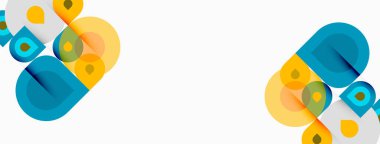 Soyut geometrik şekiller, daireler, kareler kesişir. Sarı, deniz mavisi renkleri beyaz arkaplana hakim. Minimalist tasarım, modern estetik.