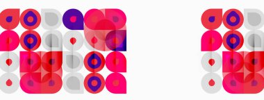 Soyut geometrik desen. Çemberler, kareler örtüşüyor. Beyaz arkaplanda canlı pembe, mor renkler yaratıyorlar. Minimalist tasarım.