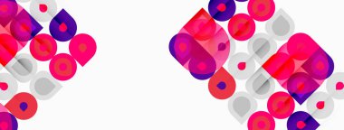 Soyut geometrik desen. Kareler, daireler örtüşüyor canlı renkli bir tasarım yaratıyor. Pembe, mor renkler beyaz arkaplana hakim.