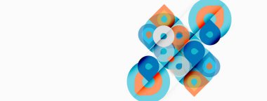 Soyut geometrik şekiller çakışıyor, renkli desenler yaratıyor. Mavi, turuncu renkler beyaz arkaplana hükmediyor. Modern tasarım ögesi.