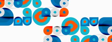 Soyut daireler çakışıyor, canlı geometrik desenler yaratıyor. Mavi, turuncu renkler beyaz arkaplana hükmediyor. Modern tasarım ögesi.