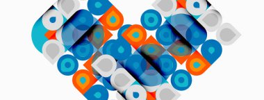 Soyut geometrik desen kalp şeklini oluşturuyor. Üst üste binen daireler, kareler, dikdörtgenler renkli tasarım yaratır. Modern biçim.