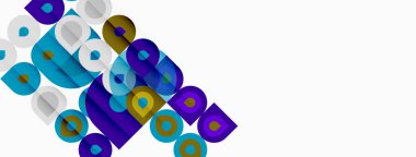 Soyut geometrik şekiller örtüşüyor, canlı renk kalıpları yaratıyor. Mavi, mor, yeşil renkler beyaz arkaplana hakim. Modern tasarım ögesi.