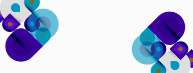 Soyut geometrik şekiller, mor, mavi tonlar. Üst üste binen daireler, kareler modern tasarım yaratır. Temiz arkaplan formları vurguluyor.