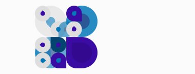 Üst üste binen daireler içeren soyut kompozisyon. Çeşitli tonlar mor, mavi, beyaz dinamik görsel efekt yaratır. Minimalist tasarım.