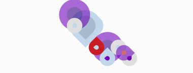 Soyut şekiller örtüşüyor, renkli bir tasarım yaratıyor. Çemberler, ovaller, mor renkler kompozisyona hakim. Minimalist estetik, temiz arkaplan.