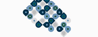 Soyut desenler yuvarlak kareler, değişik tonlarda mavi, gri ve deniz mavisi içerir. Minimalist tasarım, temiz estetik, geometrik şekiller baskın bileşim.