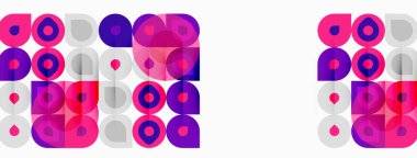 Soyut geometrik desen. Çemberler, kareler örtüşüyor ve canlı bir görsel etki yaratıyor. Pembe, mor renkler beyaz arkaplana hakim.