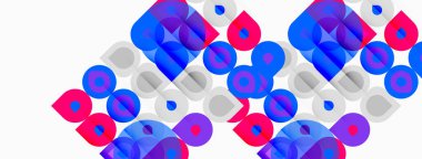 Soyut kompozisyon. Üst üste binen daireler, parlak mavi, pembe, gri renkler dinamik görsel doku yaratır. Modern tasarım ögesi.