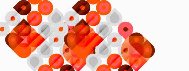 Üst üste binen daireler, kareler, dikdörtgenler içeren soyut bir kompozisyon. Sıcak tonlar baskın, dinamik görsel doku yaratıyor..