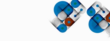 Soyut geometrik şekiller örtüşür, dinamik görsel kompozisyon yaratır. Mavi, kahverengi, yeşil daireler ve kareler beyaz arkaplana hakim.