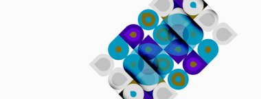 Üst üste binen yuvarlak dikdörtgenler kullanarak soyut desen. Mavi, deniz mavisi, koyu gölgeler beyaz arkaplana hükmediyor. Modern tasarım ögesi.