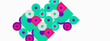 Soyut geometrik şekiller, içinde mor daireler olan turkuaz kareler, beyaz arka plan. Minimalist tasarım, oyuncu kompozisyon.