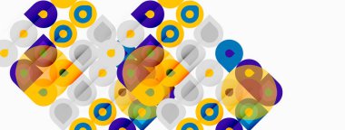 Soyut geometrik şekiller çakışıyor, renkli desenler yaratıyor. Daireler, kareler, dikdörtgenler dinamik bileşim oluşturur. Parlak renkler tasarıma hakim..