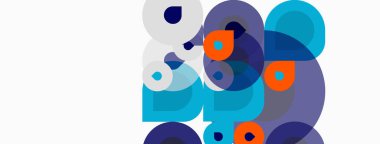 Üst üste binen daireler içeren soyut kompozisyon. Gözlükler mavi, mor, turuncu, beyaz. Minimalist tasarım, modern estetik.