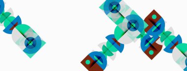 Soyut geometrik desen. Kareler, daireler, dinamik görsel efekt oluşturur. Teal, kırmızı, mavi renkler kompozisyona hakim. Minimalist tasarım.