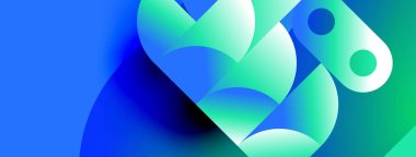 Soyut şekiller mavileri, yeşillikleri harmanlıyor. Sıvı formları dinamik bileşim oluşturur. Renkler derinlik ve hareket olduğunu gösteriyor. Modern tasarım ögesi.