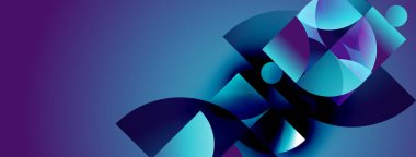 Soyut şekiller harmanlanarak dinamik bileşimler oluşturur. Mavi, mor renkler baskın, derinlik ve hareket var. Modern tasarım ögesi.