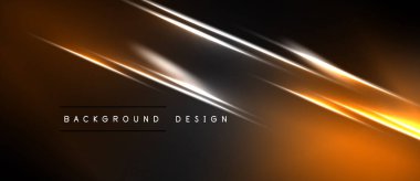 Koyu arkaplanda parlak turuncu, beyaz ışık çizgileri var. Modern tasarım ögesi, soyut bileşim, dinamik enerji akışı.