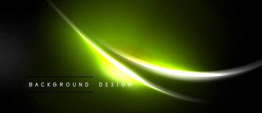 Soyut neon ışıltısı, canlı yeşil renkler koyu arkaplana hakim. Düz kıvrımlar dinamik görsel efekt yaratır. Metin arkaplan tasarımı okur.