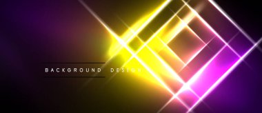 Neon ışıkları soyut geometrik şekiller yaratır. Mor, sarı renkler koyu arkaplana hakim. Modern tasarım ögesi.