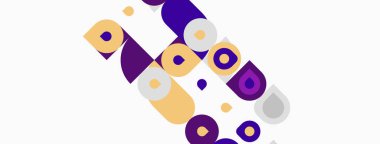 Soyut geometrik şekiller, mor, sarı renkler kompozisyona hakim. Daireler, dikdörtgenler, dinamik görsel efekt oluşturur. Modern tasarım.