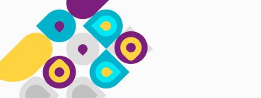 Renkli daireler, kareler beyaz arka plan. Modern tasarım, basit şekiller soyut desenler yaratır. Parlak renkler dikkat çeker.